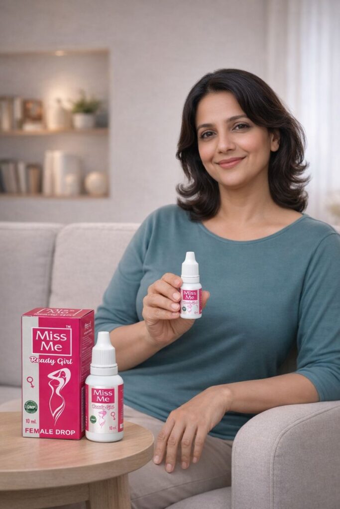this image is showing that women are adding miss me ayurvedic drop in their daily life routine.